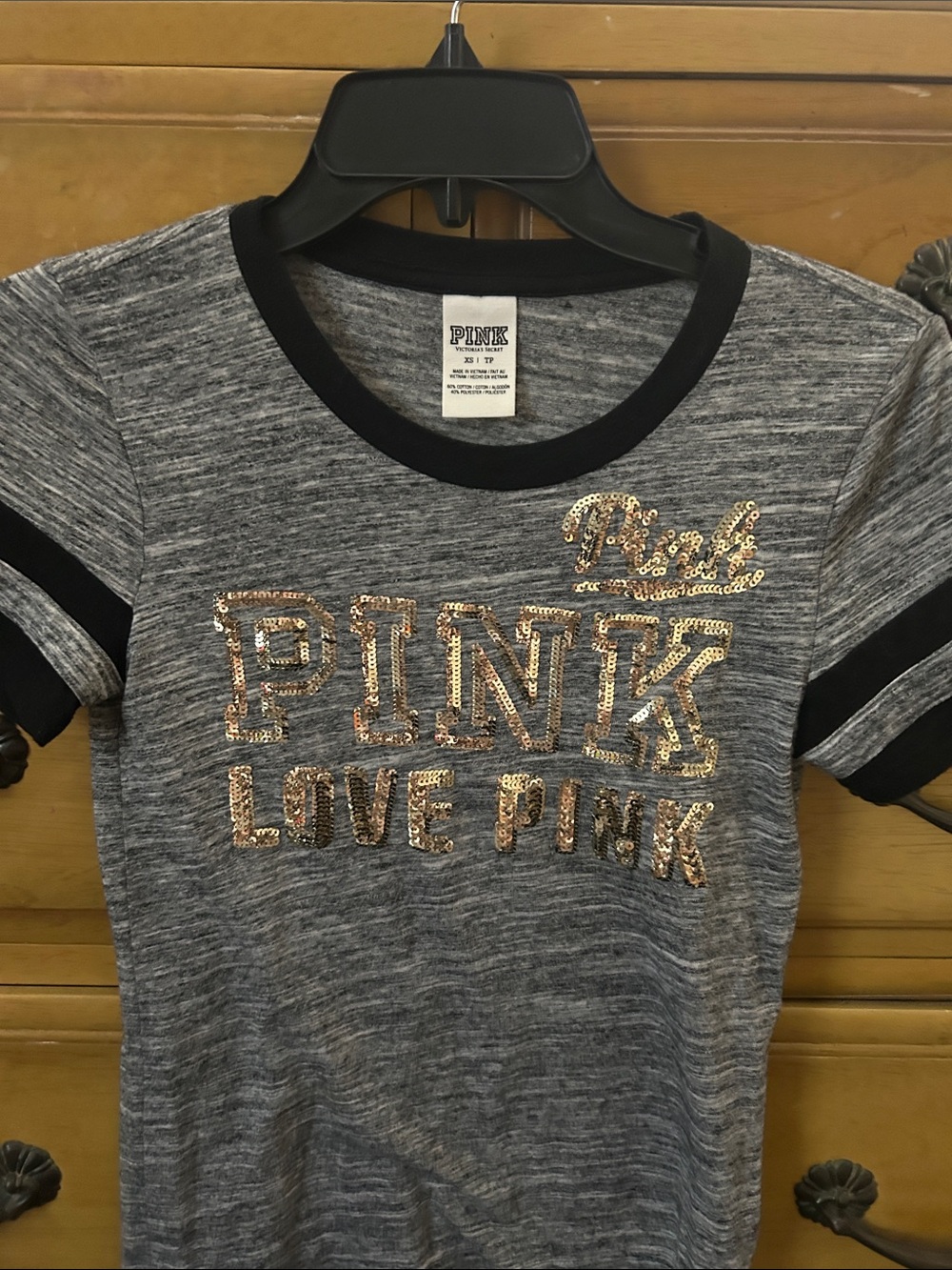 PINK Victoria's Secret Gray Tee with Rose Gold Sequin Logo